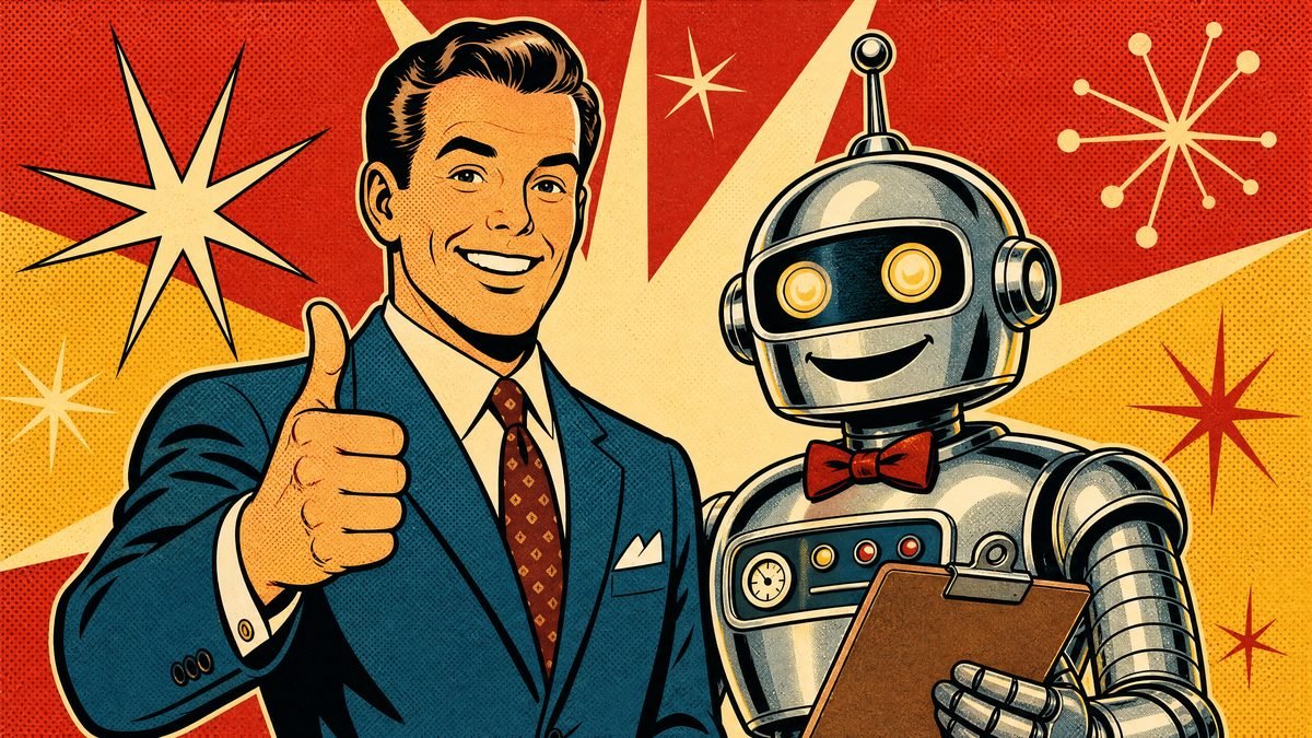 Business owner with AI robot assistant — 1950s retro style