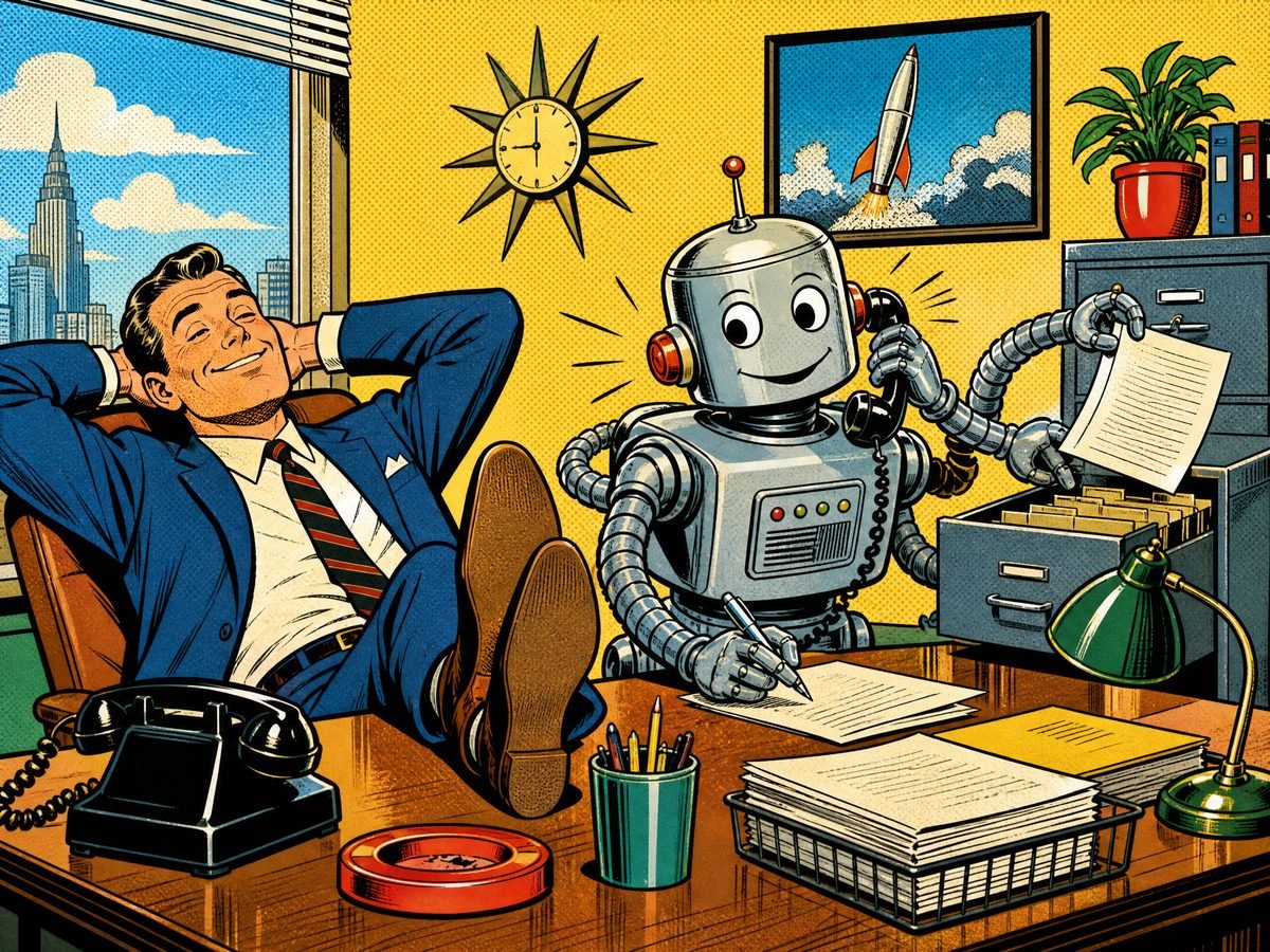 Relaxed business owner with AI handling the work